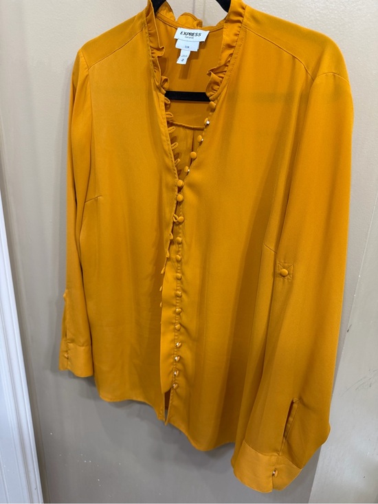 Express Tops - Express Mustard Yellow Ruffle-Trim Button Front Blouse